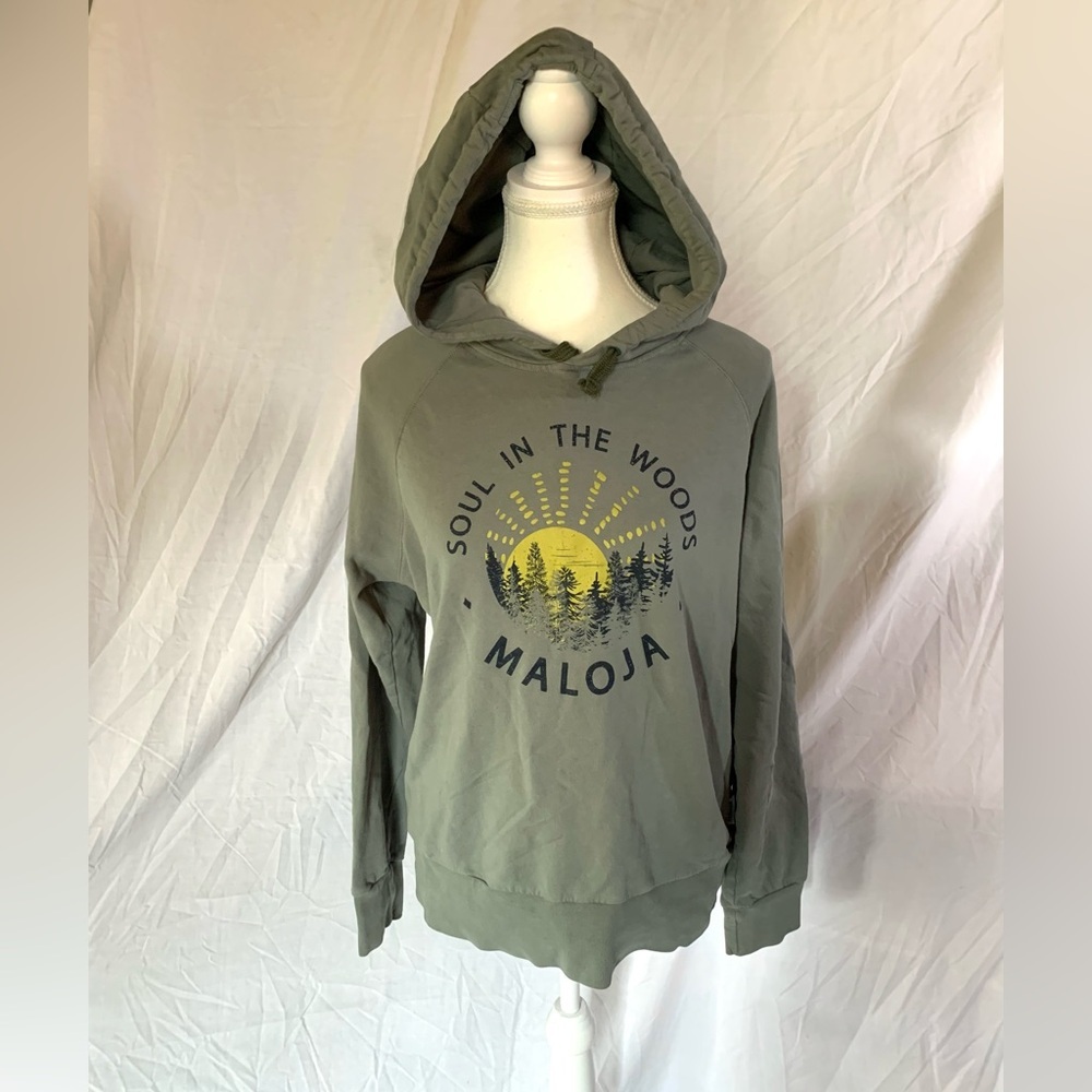 Maloja 100% Cotton Green Hoodie T Shirt with Graphic Print‎ Long Sleeve Medium